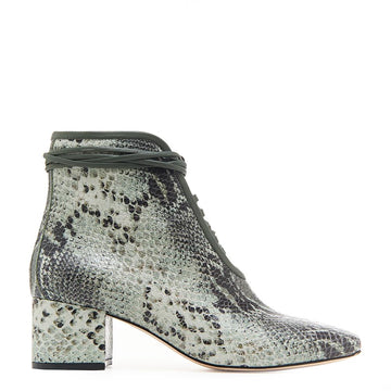 Daniella Shevel Cleo Green Snake Printed Leather Boot with Low Heel and Green Laces Side View