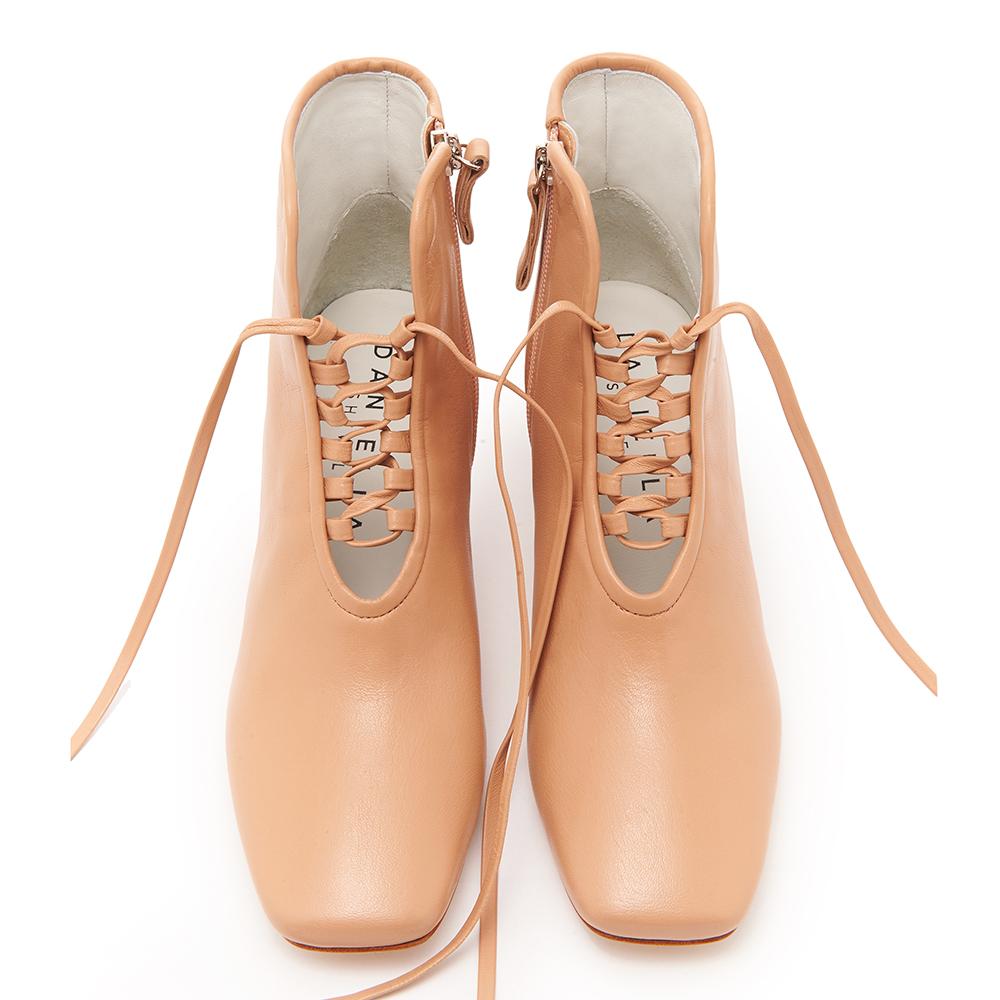 Daniella Shevel Cleo Nude Leather Bootie with Low Heel and Nude Laces Front View