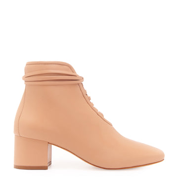 Daniella Shevel Cleo Nude Leather Bootie with Low Heel and Nude Laces Side View