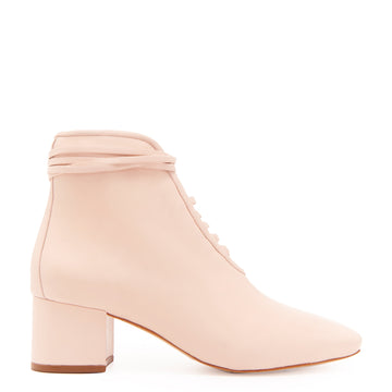 Daniella Shevel Cleo Pastel Pink Leather Bootie with Low Heel and Pastel Pink Laces Side View