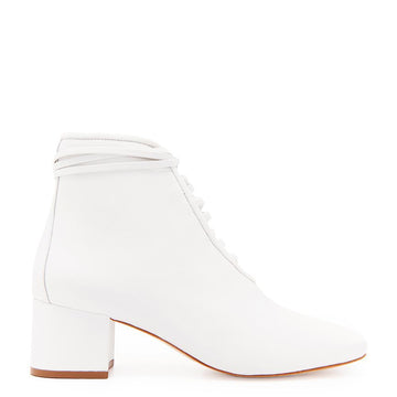 Daniella Shevel Cleo White Leather Bootie with Low Heel and White Laces Side View