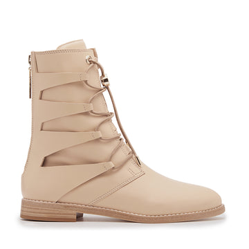 Daniella Shevel Moss Motorcycle Boot in Cream Camel Side View With Gold hardware