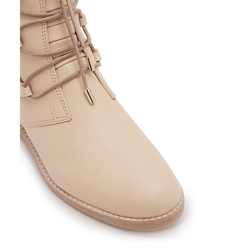 Daniella Shevel Moss Motorcycle Boot in Cream Camel almond toe shape View With Gold hardware adjustable stretch laces