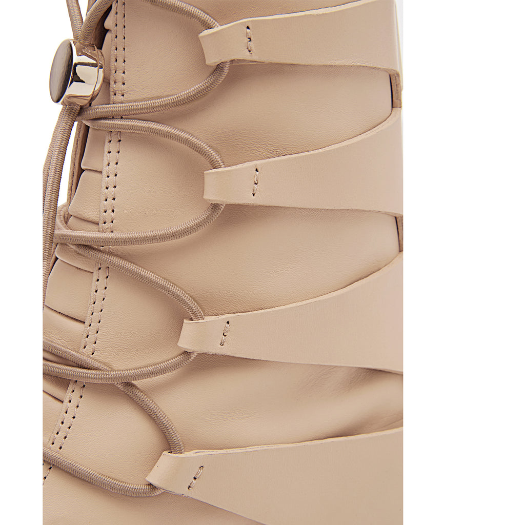 Daniella Shevel Moss Motorcycle Boot in Cream Camel With Gold hardware adjustable stretch laces and leather cut outs