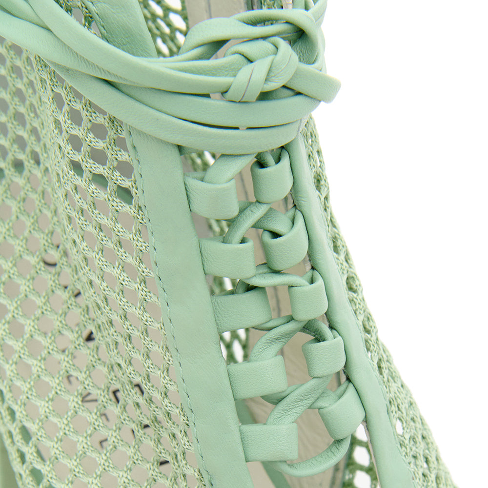 Daniella Shevel Nola Mint Green Mesh Low Heel Open Toe Bootie Lace Detail Close Up View