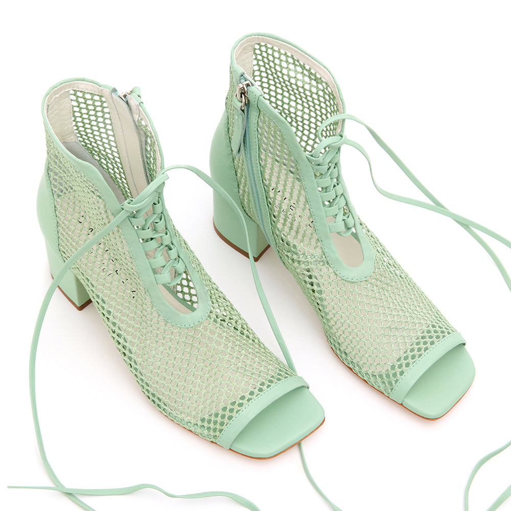 Daniella Shevel Nola Mint Green Mesh Low Heel Open Toe Bootie Lace Detail Top View
