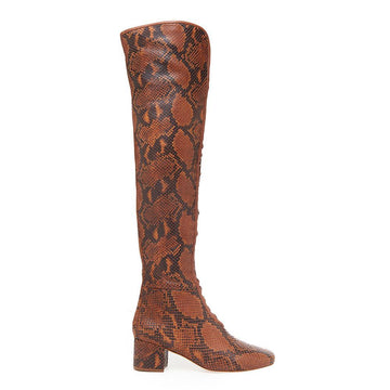 Daniella Shevel Koa Brown Printed Snake leather Boot with Low Heel and brown Laces over the knee high rise Side View